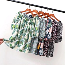 Cotton silk shirt one-collar strapless shirt womens short sleeves summer Korean version of loose belly covering artificial cotton bubble sleeve floral T-shirt