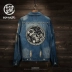 Thủy triều thương hiệu Nhật Bản denim jacket nam áo khoác để làm retro cũ lỗ Mỏng tiger head vá triều gốc thương hiệu người đàn ông Áo khoác