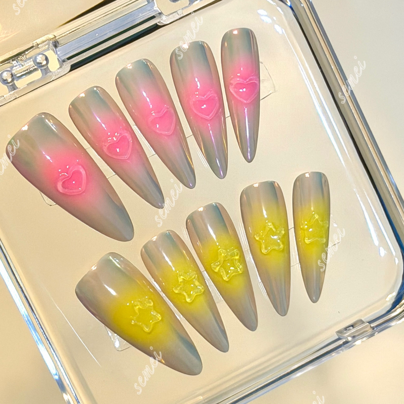 Purely Handmade Wearable Nails Barbie Pink Aurora Heart-Shaped Stars Y2K High-End European and American Hot Girl Fluorescent Color Nail Art Finished Product Purely Handmade Wearable Nails Barbie Pink Aurora Heart-Shaped Stars Y2K High-End European and American Hot Girl Fluorescent Color Nail Art Finished Product