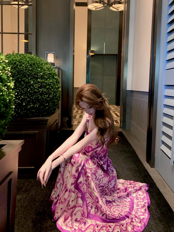 Fuujane Satin Dream Chapter Purple Printed Strap Long Dress Vacation Flared Dress Atmospheric Date Dress Fuujane Satin Dream Chapter Purple Printed Strap Long Dress Vacation Flared Dress Atmospheric Date Dress