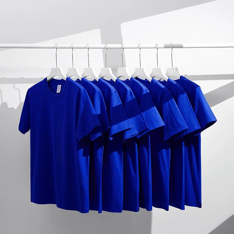 Klein Blue 320g Heavyweight Pure Cotton Short-Sleeved T-Shirt for Men and Women, Solid Color Summer American-Style Round Neck Simple Loose Top