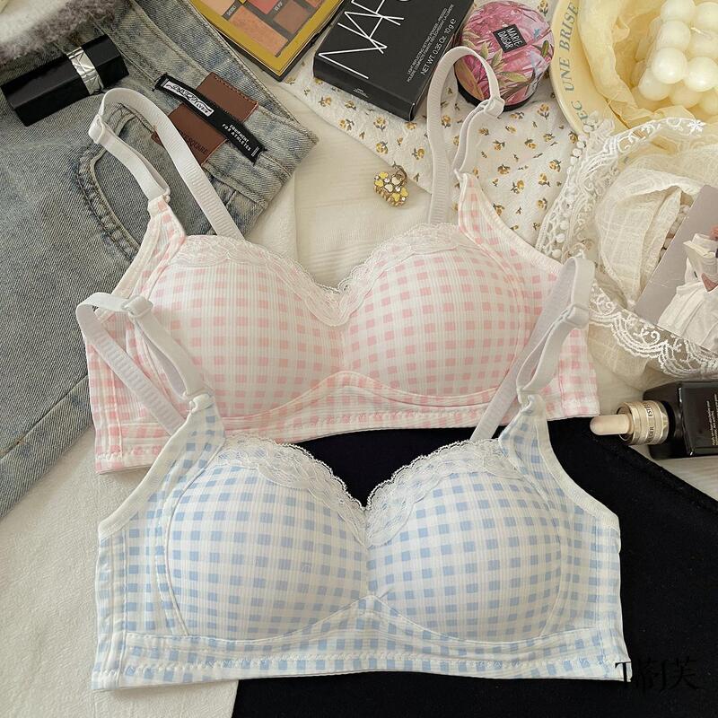 Sweet Lace Plaid Underwear for Women with Small Busts, Push-Up, No Underwire, Comfortable, Shockproof, Suitable for Students and High School Girls, Sports Bra