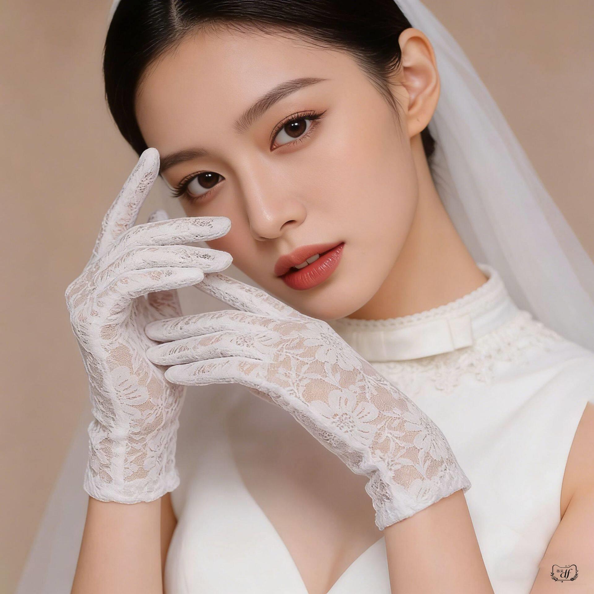 Etiquette Sun Protection Lace Short Gloves Bridal Wedding Gloves Sun Protection Gloves with Finger Pattern Mesh Gloves