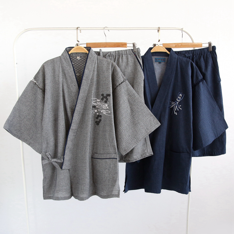 Japanese High-End Style Embroidered Men's Kimono, All-Cotton, Short-Sleeved Shorts, Plus-Size Loungewear Set