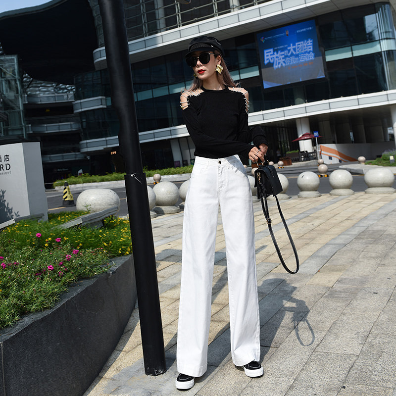 Jeans Wide Pants Woman High Waist Autumn European Station White elegant Elegant Wind Sensation Tug Pants Loose Broadlegged Jeans