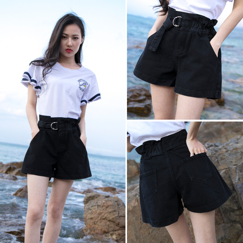 Black high-waisted wide-leg denim shorts women's loose 2019 new summer flower bud fat mm large size a-line shorts hot