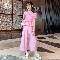 Girl Summer Clothing Suit 2022 New Ocean Gas Girl Net Red Children Han Edition Fashion Snowspun Broadlegged Pants Two Sets