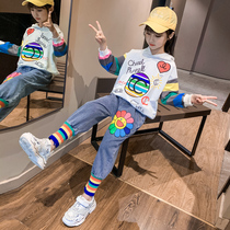 Girl Suit 2022 Spring Autumn New Children Foreign Pistachio Red Girl Korean version Fashion sweatshirt jeans Two sets