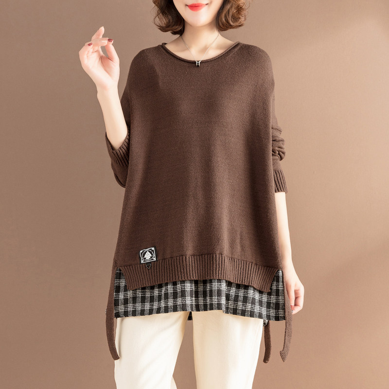 Hanshebali fake two-piece sweater women's pullover 2019 autumn and winter new wild plaid stitching knitted base top