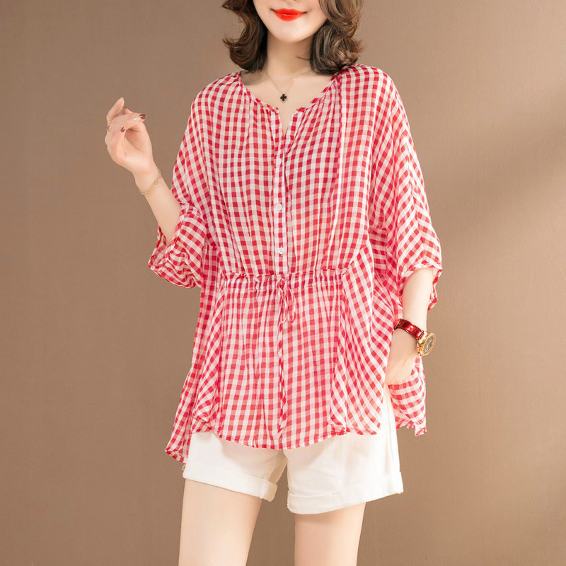 V Collar Plaid Shirt Woman Design Sensation Small Crowdart 2021 New Summer Han Edition Large Size Shirt Slim Fit Half Sleeve Blouse