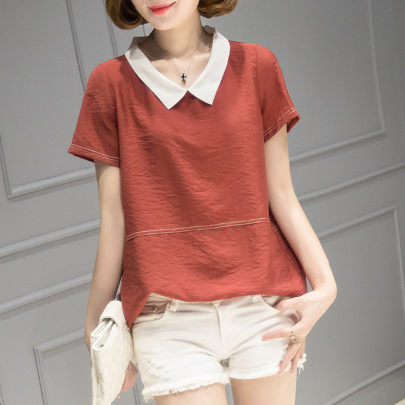 Hanshebali solid color short-sleeved shirt women's 2021 summer new Korean version loose thin doll collar stitching top