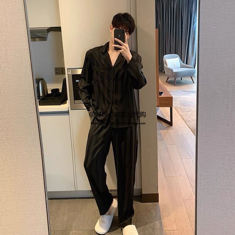 Japanese You Gelato Pique Spring and Summer Men's Ice Silk Pajamas Silk Long-Sleeved Striped Home Wear Set Gp
