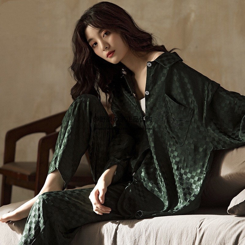 Japanese Gp Spring and Summer Women's Pajamas, Thin Silk Short-Sleeved Ice Silk Plaid High-End Home Wear Set, Retro Style