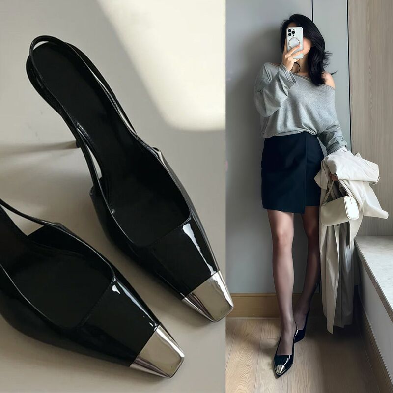 Hong Kong 2026 Spring/Summer New Black Patent Leather Closed-Toe Sandals Women's Genuine Leather Single Shoes Stiletto Metal Pointed High Heels Hong Kong 2026 Spring/Summer New Black Patent Leather Closed-Toe Sandals Women's Genuine Leather Single Shoes Stiletto Metal Pointed High Heels