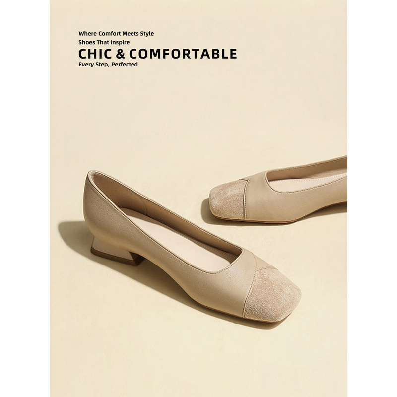 Hong Kong 2026 Large Size Low-Heeled Women's Shoes with Patchwork Design, Spring Square Toe Chunky Heel Women's Shoes, Versatile Shallow Flat Shoes, Trendy