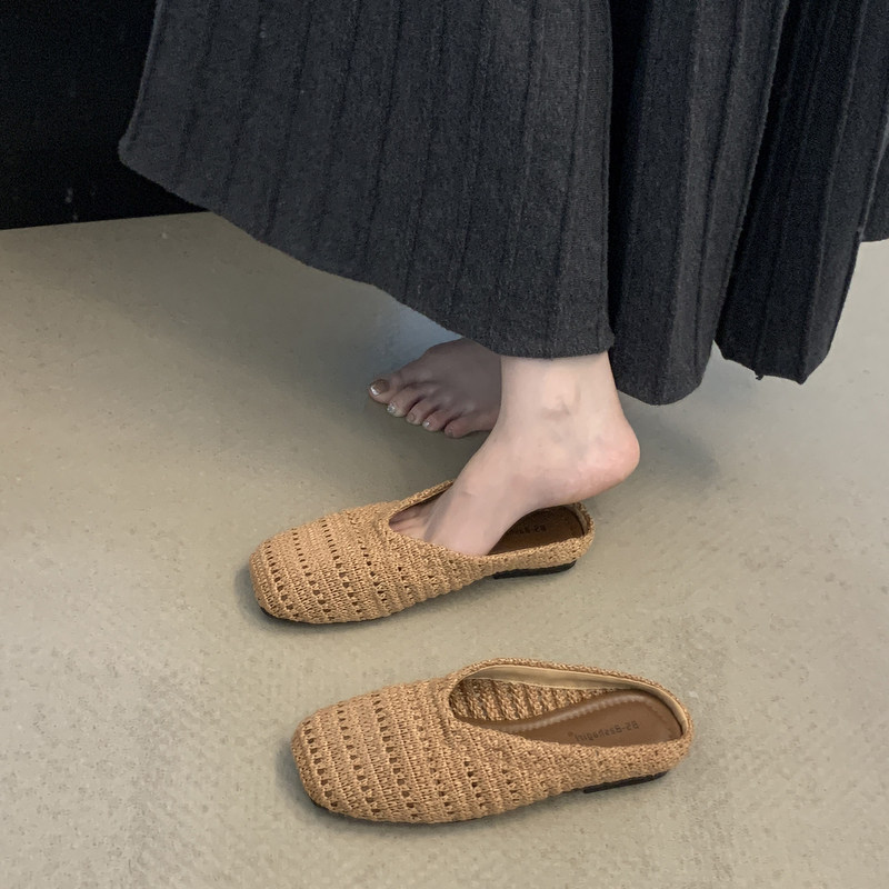 Hong Kong Retro Woven Mules with Skirt, Women's 2026 Summer New Casual Comfortable Versatile Flat Sandals