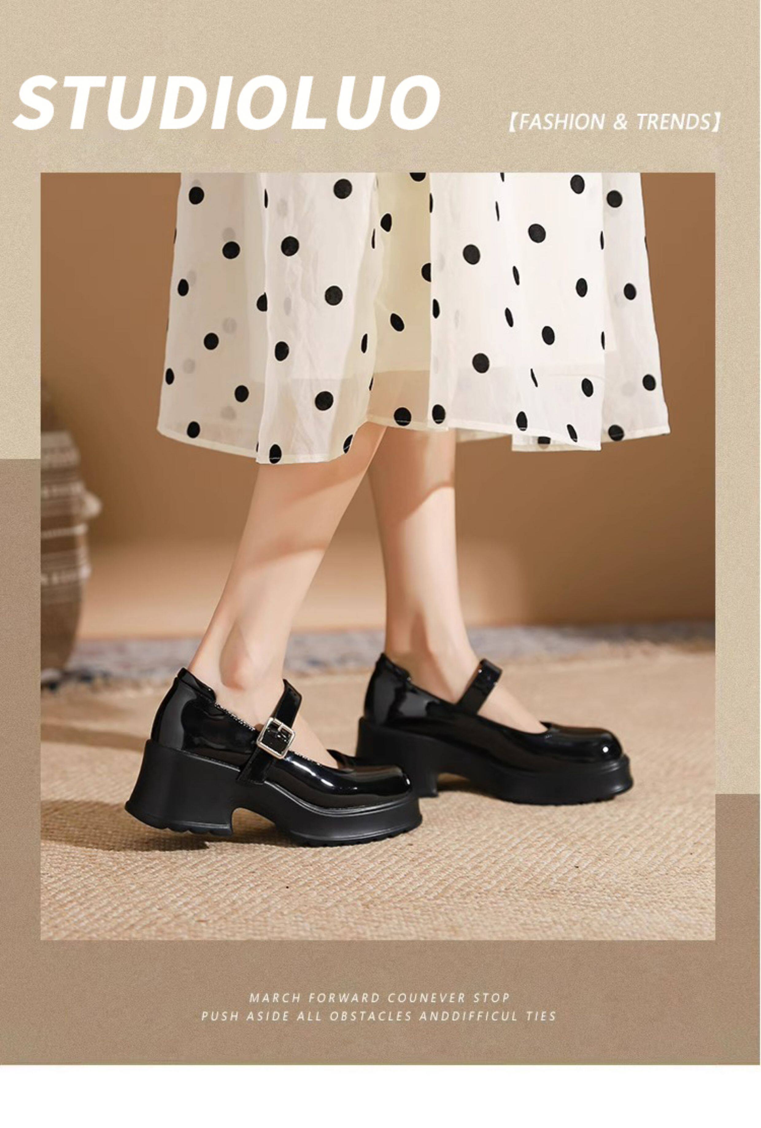 Туфли Мэри Джейн 香港真皮玛丽珍鞋女2025春秋厚底松糕小众覆古方头小皮鞋粗跟单鞋