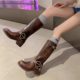 Botas de tacón grueso con hebilla de cinturón de Hong Kong para mujer, botas de motociclista con manga de cabeza cuadrada, botas de vaquero del Oeste marrones, novedad de primavera