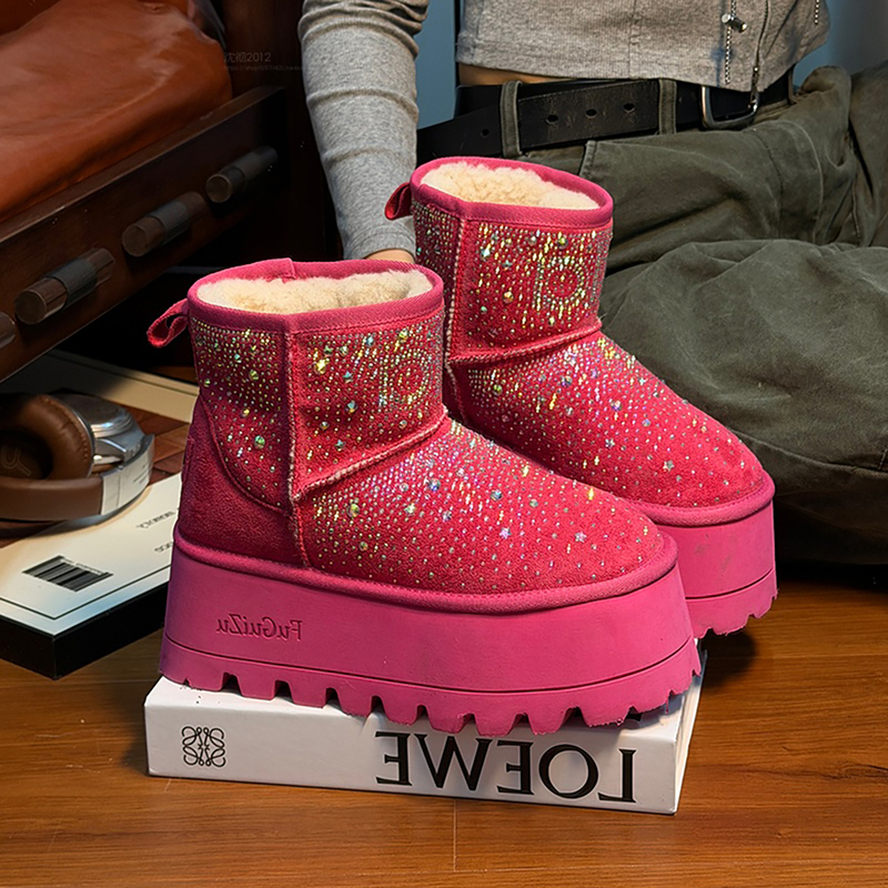 Hong Kong Rhinestone Platform Thick-Soled Snow Boots for Women 2026 Autumn and Winter New Style Fleece-Lined Thickened Warm Cotton Shoes Height-Increasing Short Boots