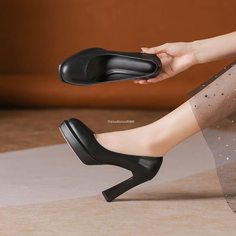 Hong Kong Thick-Soled Waterproof Platform High-Heeled Shoes for Women 2026 Spring and Autumn New Style Catwalk Soft Leather Non-Tiring Black Round-Toe Single Shoes Hong Kong Thick-Soled Waterproof Platform High-Heeled Shoes for Women 2026 Spring and Autumn New Style Catwalk Soft Leather Non-Tiring Black Round-Toe Single Shoes
