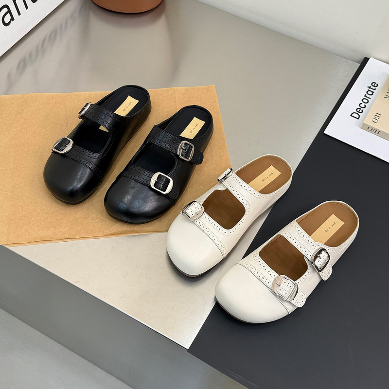 Hong Kong Genuine Leather Carved-Toe Slippers for Women 2026 Spring/Summer New British Style Brogue Buckle Outdoor Half-Slipper