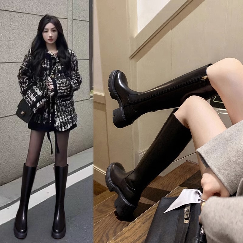 Hong Kong 2026 Spring and Autumn Slimming Chunky High Heel Riding Boots Mid-High Boots French Style Long Leg Boots Versatile Long Boots for Women