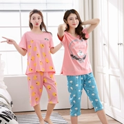 Bộ đồ ngủ nữ chất béo MM mùa hè cotton tay ngắn cắt cúp phiên bản Hàn Quốc của quần lửng cộng với phân bón XL mùa hè 200 kg