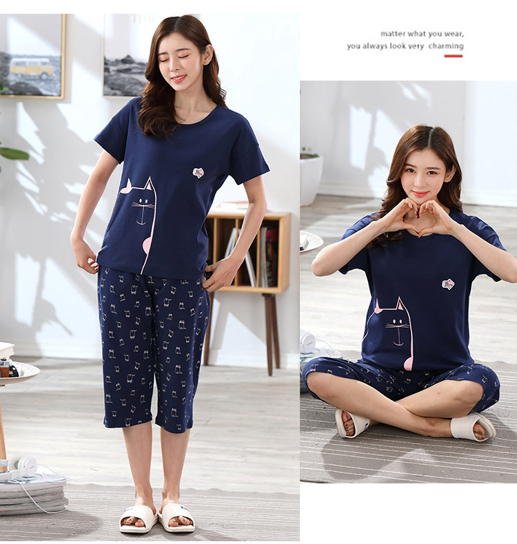 Bộ đồ ngủ nữ chất béo MM mùa hè cotton tay ngắn cắt cúp phiên bản Hàn Quốc của quần lửng cộng với phân bón XL mùa hè 200 kg đồ bộ mặc nhà cao cấp