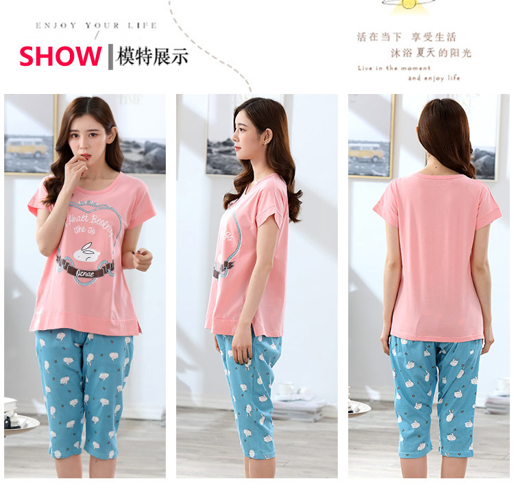 Bộ đồ ngủ nữ chất béo MM mùa hè cotton tay ngắn cắt cúp phiên bản Hàn Quốc của quần lửng cộng với phân bón XL mùa hè 200 kg đồ bộ mặc nhà cao cấp