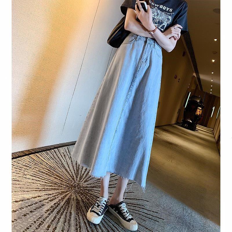 Ice Silk Slim Fit Jeans Half Body Dress Woman 2021 Summer New High Waist Display Slim Middle Long Version A Character Wrap Hip Long Dress