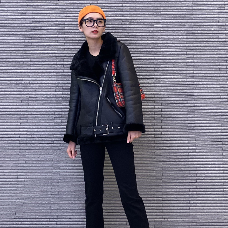 THREE12 winter New coat women fur one lapel structure handsome loose locomotive leather coat women