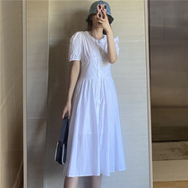 THREE12 summer new simple round neck high waist single breasted bubble short-sleeved long dress female