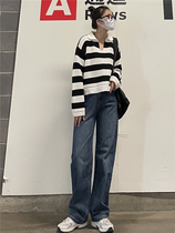 THREE12 Autumn New High waist straight simple retro denim blue jeans women