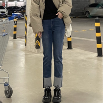 THREE12 autumn and winter blue stretch straight roll jeans women