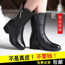 Boots Children New Genuine Leather Midcylinder Boots Plus Suede Warm Mom Cotton Shoes Heel Big Code Middle Aged Women Boots Winter