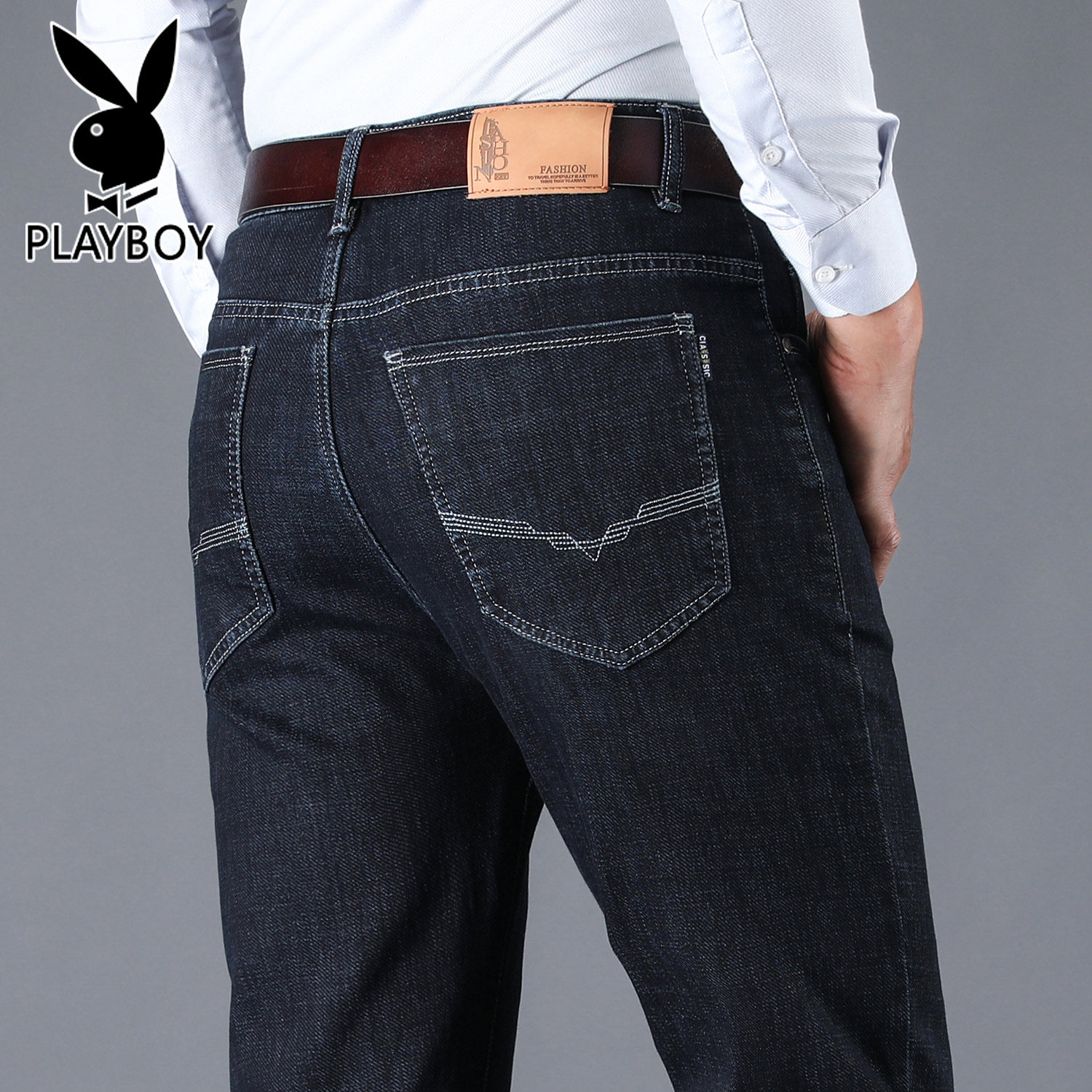Playboy men's jeans spring new straight trousers stretch casual pants loose middle-aged dad pants