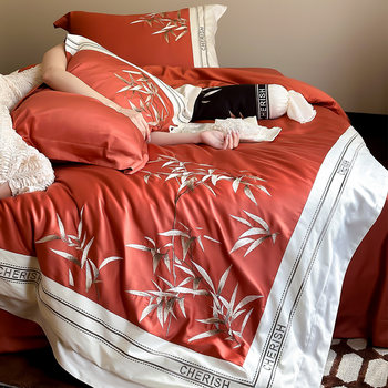 Bamboo rhythm oriental new wedding bedding four-piece spring and summer silk cool feeling naked sleeping embroidered red wedding quilt cover sheets
