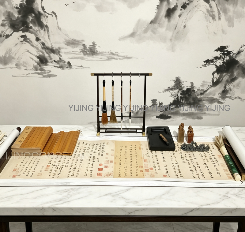 Modern Chinese-Style Model Home Desk Set Decorations, Vintage Wabi-Sabi Style Study Room Scroll Art, Flower Vase, Inkstone, and Seal Ornaments