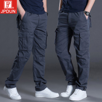 Autumn and winter new multi-pocket overalls mens large size loose straight elastic waist plus velvet padded cotton pants Tide brand