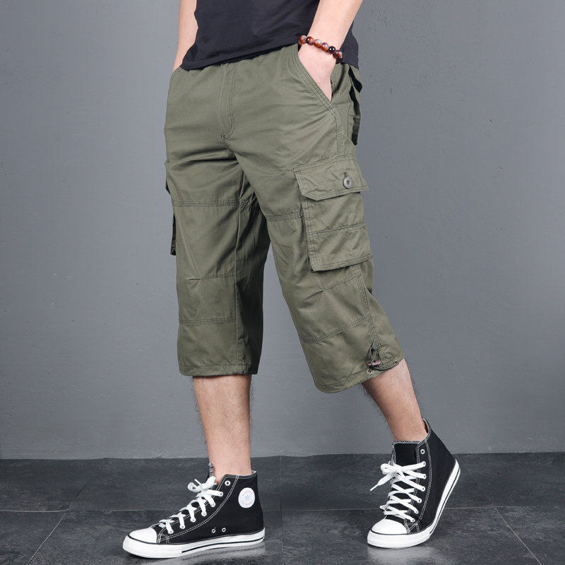 Men's Loose-Fitting Plus-Size Multi-Pocket Cargo Pants, Men's Summer Pure Cotton Shorts, Sports Mid-Length Pants, 7/8 Pants