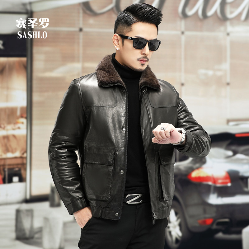Henning new fur integrated male short water mink collar genuine leather leather clothing locomotive leather jacket winter leather grass jacket tide