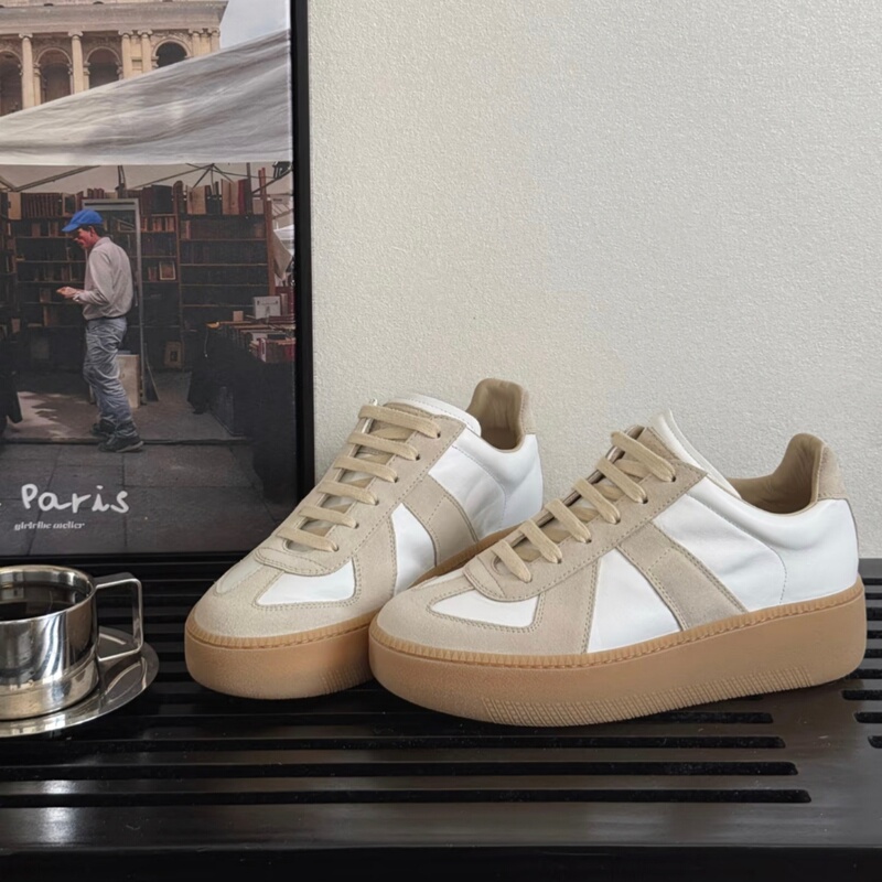 Genuine Leather Thick-Soled German Training Shoes Mm6 Classic White Sneakers Height-Increasing Shoes for Petite Women Versatile Casual Sports Shoes Women's Shoes