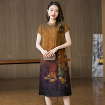Hangzhou Zhengzong Flower Luo Xiangyun Yarn Dress Dress Woman Mulberry Silk Semi-High Collar Hollowed-out Mother Skirt Elegant Temperament