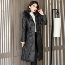 Special clearance genuine leather down jacket leather womens mid-length winter fox fur collar hooded slim sheepskin jacket