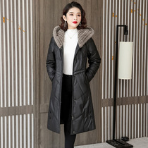 Real leather down jacket woman mid-length 2021 Winter new ferret weaving with hat sheep leather fur coat and body jacket
