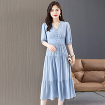 Hangzhou high-end luxurious mulberry silk long dress 2022 summer pure color true silk one-piece dress woman with tight waist and thin young section
