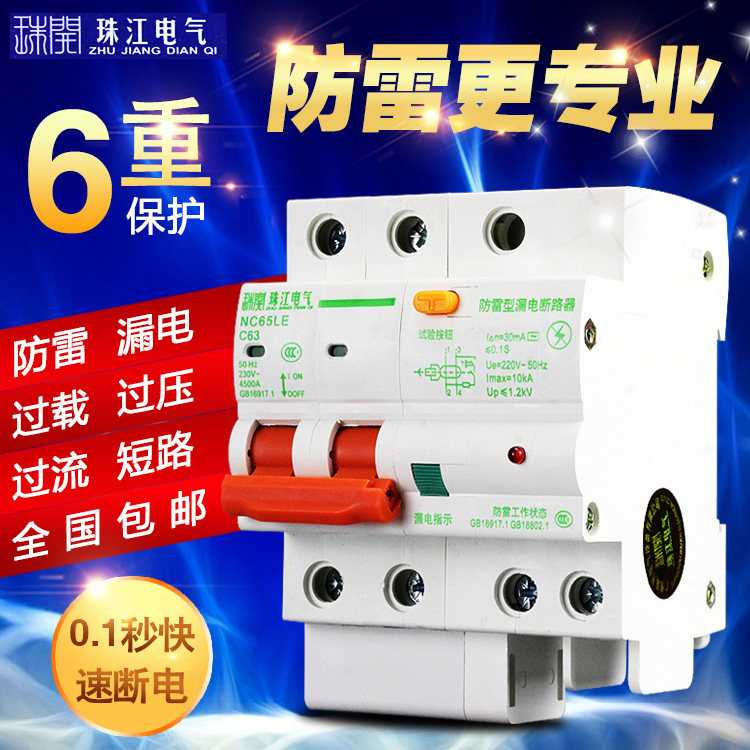 Zhujiang Pearl River lightning protection leakage protector Household leakage circuit breaker Air open main switch 2P leakage protector