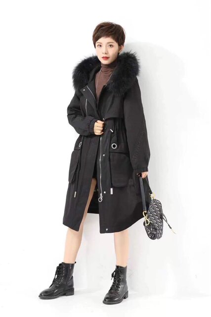 Duozi Brand Genuine New Model 051, Plus-Size, Fashionable, Casual, Loose-Fitting, Fleece-Lined Parka with Real Fur Collar