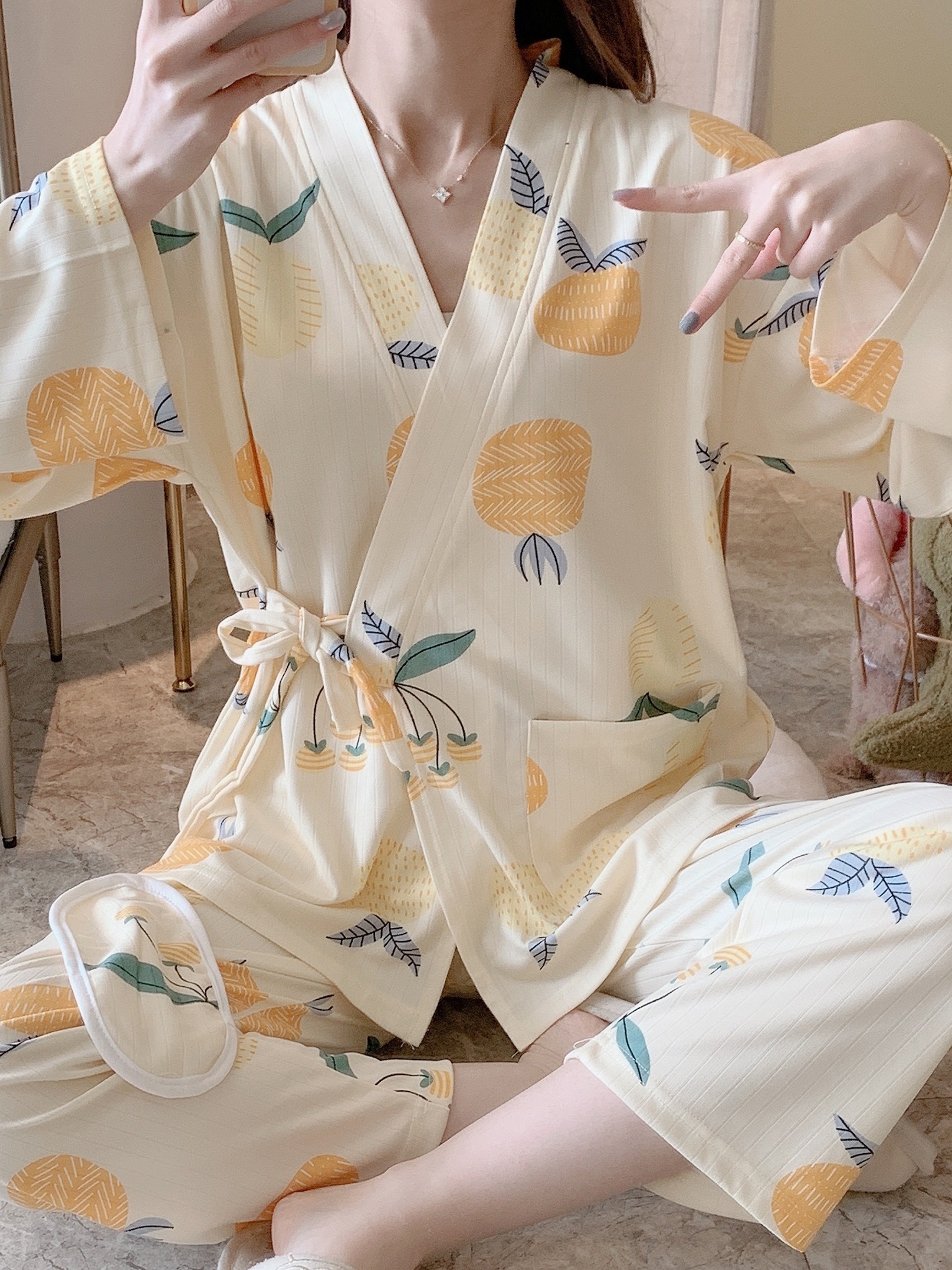 Fresh and cute spring and autumn cotton pajamas female sweet Japanese kimono ins wind loli student casual home clothes