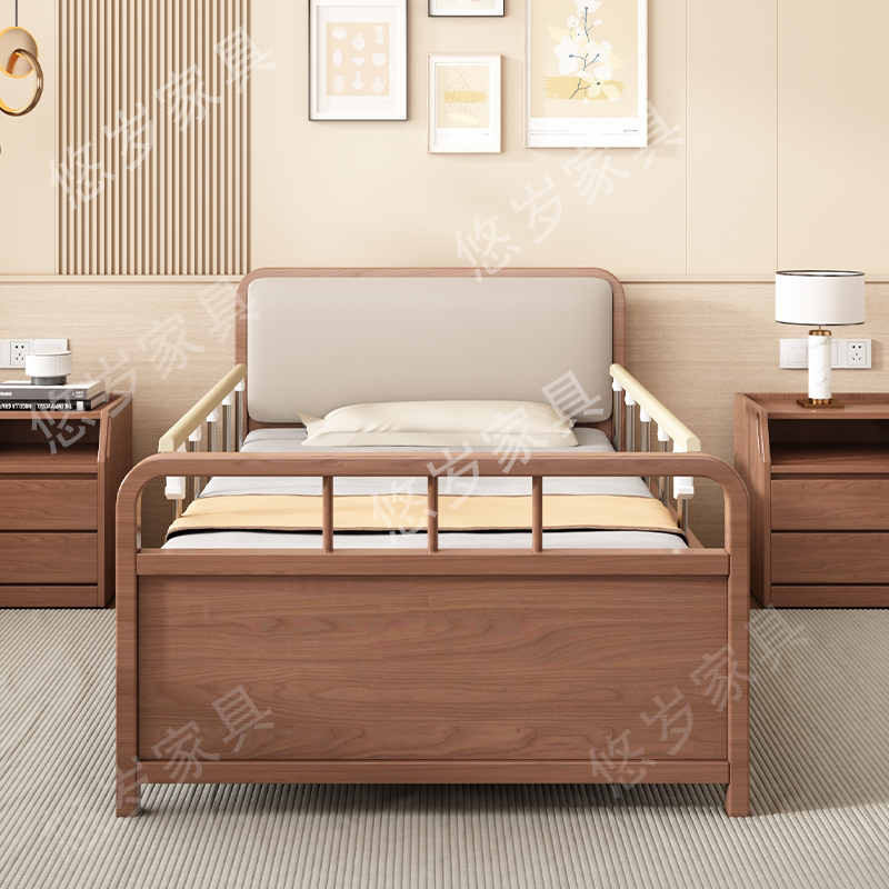 Solid Wood Electric Lifting Care Bed with Guardrails, Suitable for Nursing Homes and Home Use, Designed for the Elderly, Single-Person Bed